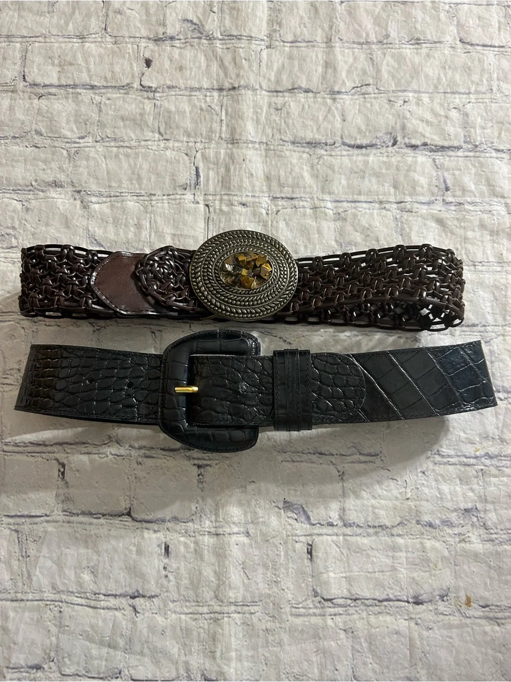 PATRICIA GREEN BLACK WIDE CROC COVER BUCKLE & BROWN EMBELLISHED BUCKLE BOHO BELT